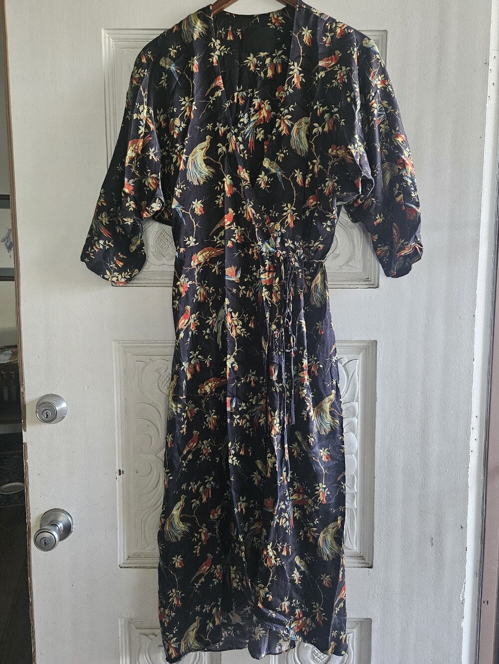 No. 6 Store Silk Black Floral Peacock Wrap Maxi Dress with Tie Waist 1
